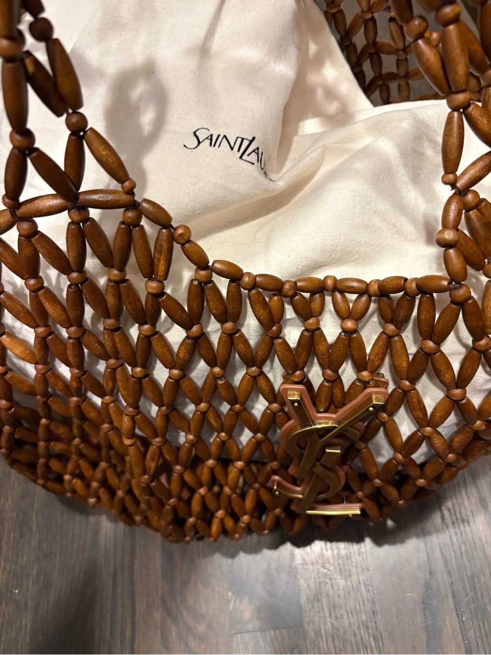 Saint Laurent Brown Woven Wood-Bead Icare medium yacht Tote with Gold YSL Italy - Picture 12 of 15